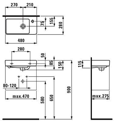 PRO S ассимитричная мини-раковина  480x280mm, 1 отв. для смесителя слева, цвет белый 8.1595.5.000.10