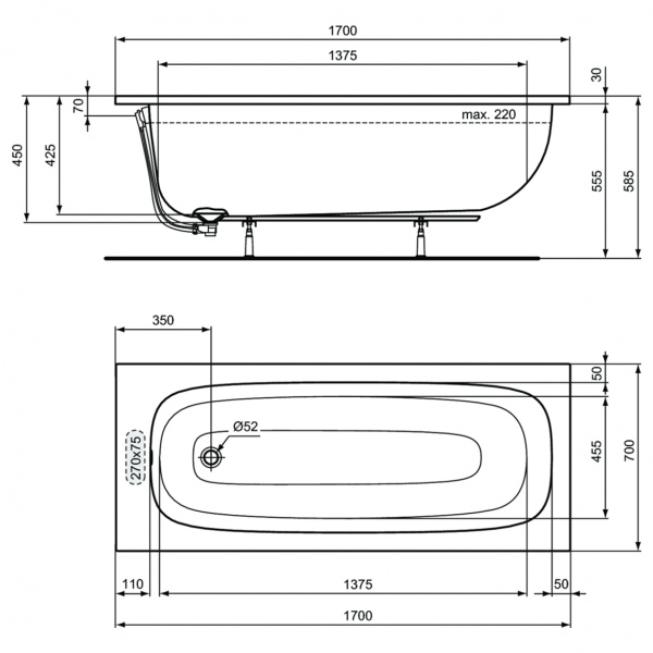 Акриловая ванна Ideal Standard i.life 170х70 см, T475901