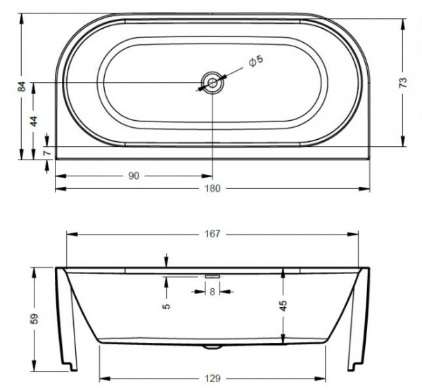 Ванна акриловая Riho DESIRE WALL 184x84 +светодиоды с размещением под ванной, BD0700500K00133