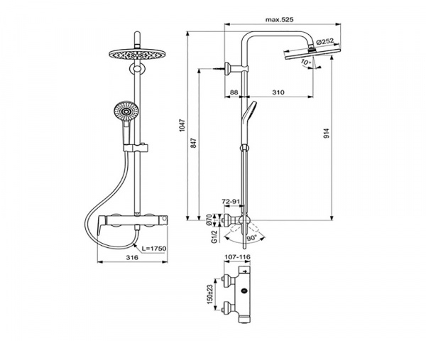 Душевая система Ideal Standard IDEALRAIN ECO EVO SL, в комплекте с настенным смесителем для душа CON