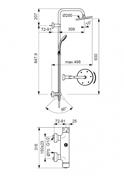 Душевая система Ideal Standard IDEALRAIN ECO SL, со смесителем для душа CONNECT, хром, B1098AA